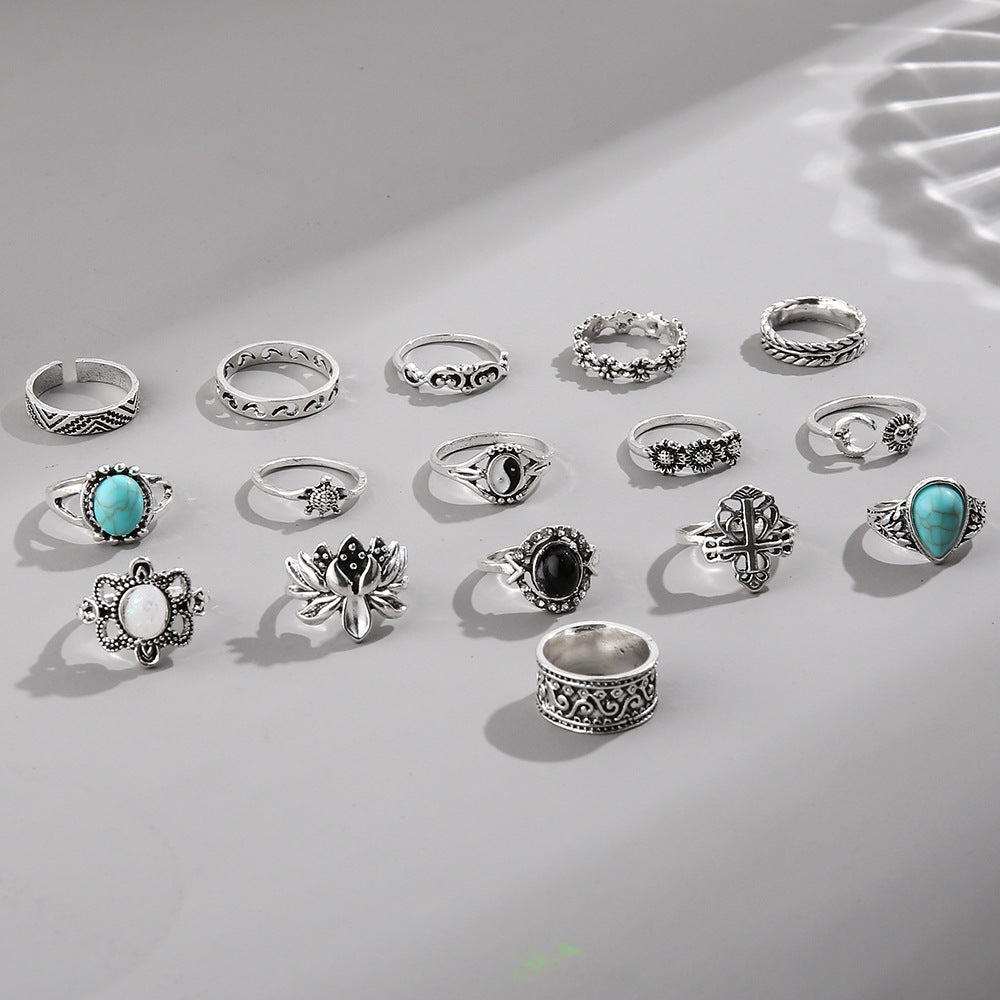 Wholesale Vintage carved black gemstone ring personalized turtle flower combination 16-piece set